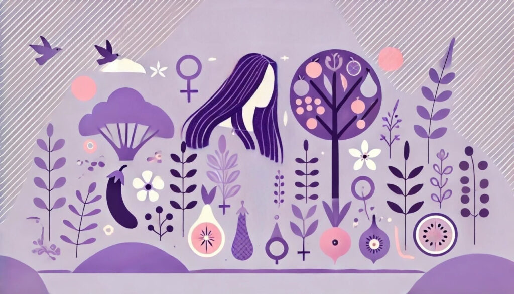 Imagen con dibujos de motivos vegetales, símbolos femeninos y torso de mujer